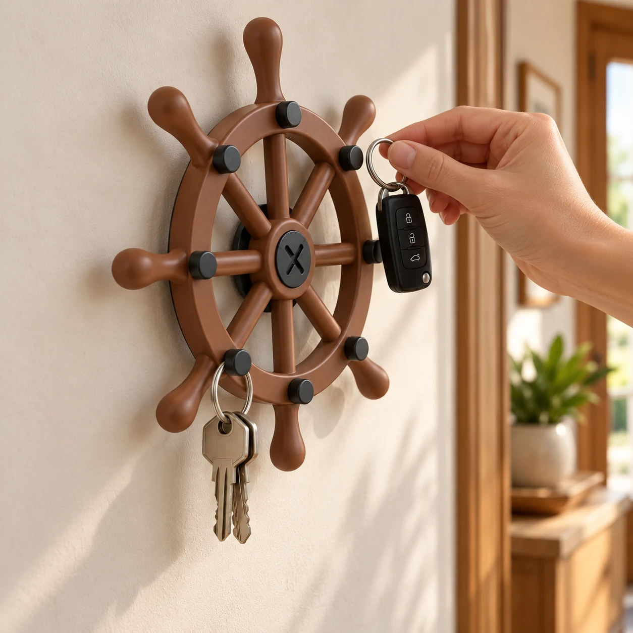 Illustrative side view of a key being hung on the walnut and charcoal ship wheel holder