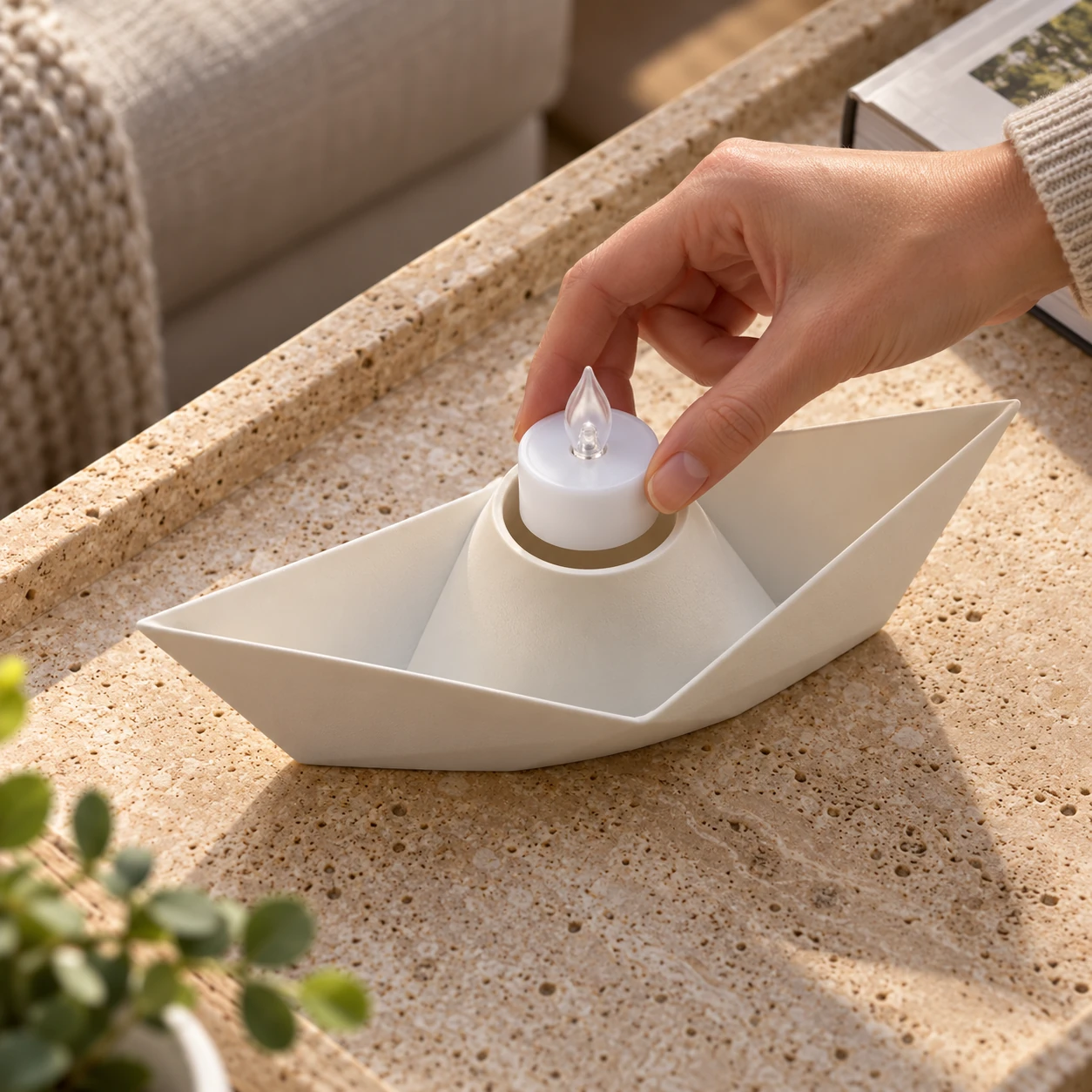 Illustrative view of the paper boat holder and LED tealight placement from another angle